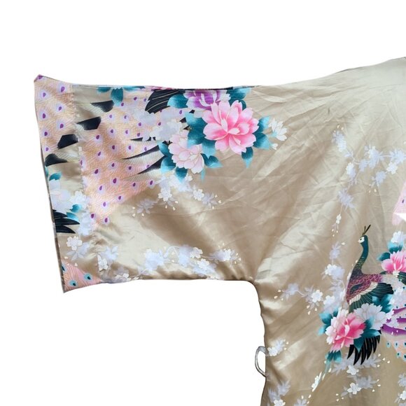 Peacock Kimono Bat Wing Sleeves Golden Beige Orchids Floral No Belt Size XL - Picture 3 of 12